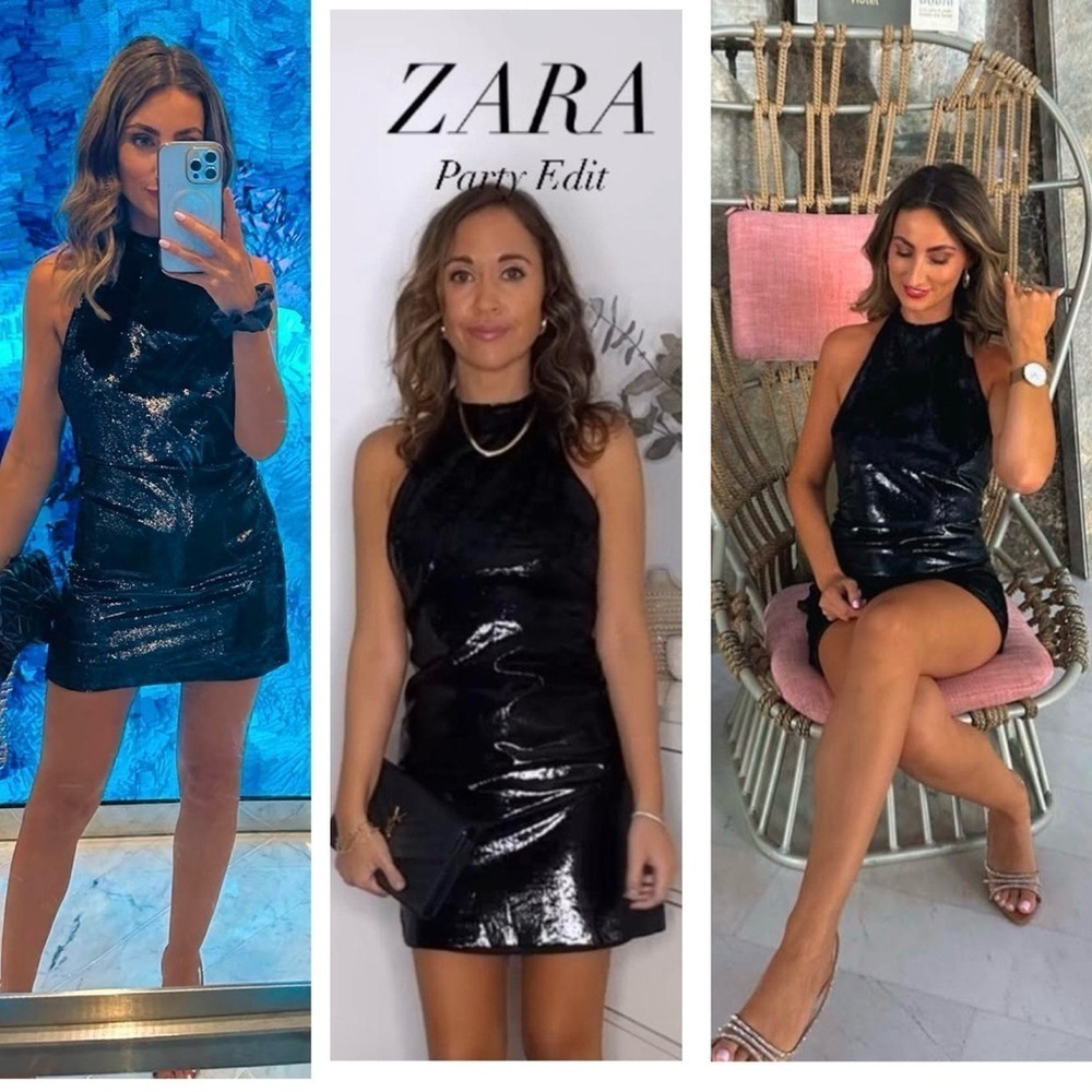 ZARA BLACK SHINY VELVET HALTER MINI DRESS OPEN BACK SPECIAL EDITION Sz M NWOT